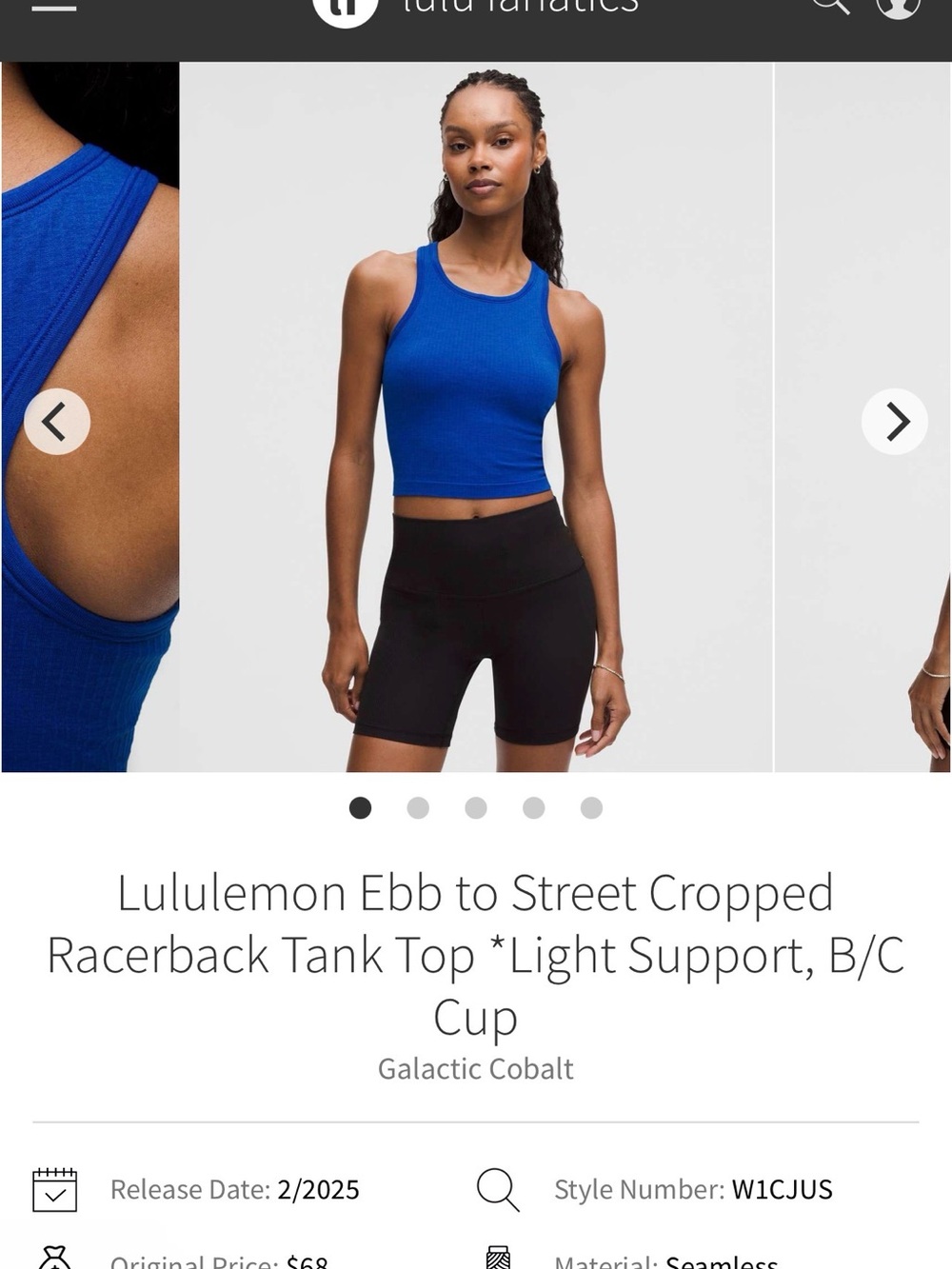 lululemon athletica Cropped Racerback Tank — Galactic Cobalt Blue